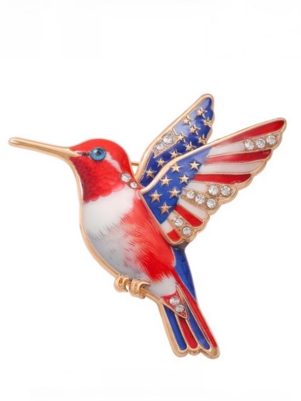 Patriotic Red, White & Blue Hummingbird Bird Brooch